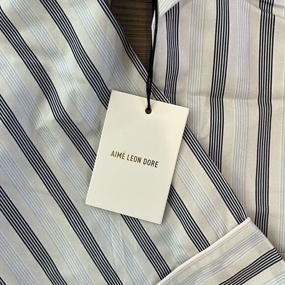 Aime Leon Dore Blue Cream Striped Button Front Pajama Style Shirt Size M NWT - Picture 3 of 6